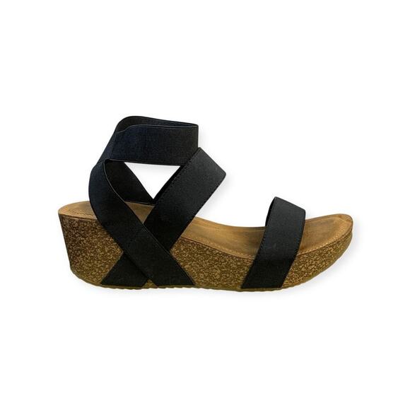 Madden Girl Zoeyy Black Elastic Strap Chunky Wedge Platform Sandals - Size 10M - Picture 1 of 7